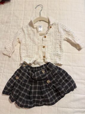 Cream Knit Cardigan and Black Plaid Skirt Kids Matching Set